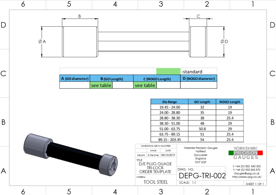 Plug Gauge Order Template Drawings Yorkshire Precision